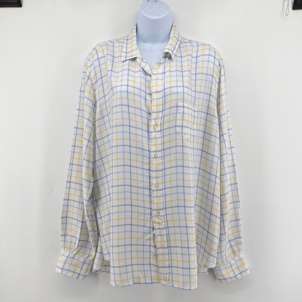 Frank & Eileen Shirt Womens XL Eileen Plaid Button Down White Blue Yellow Modal